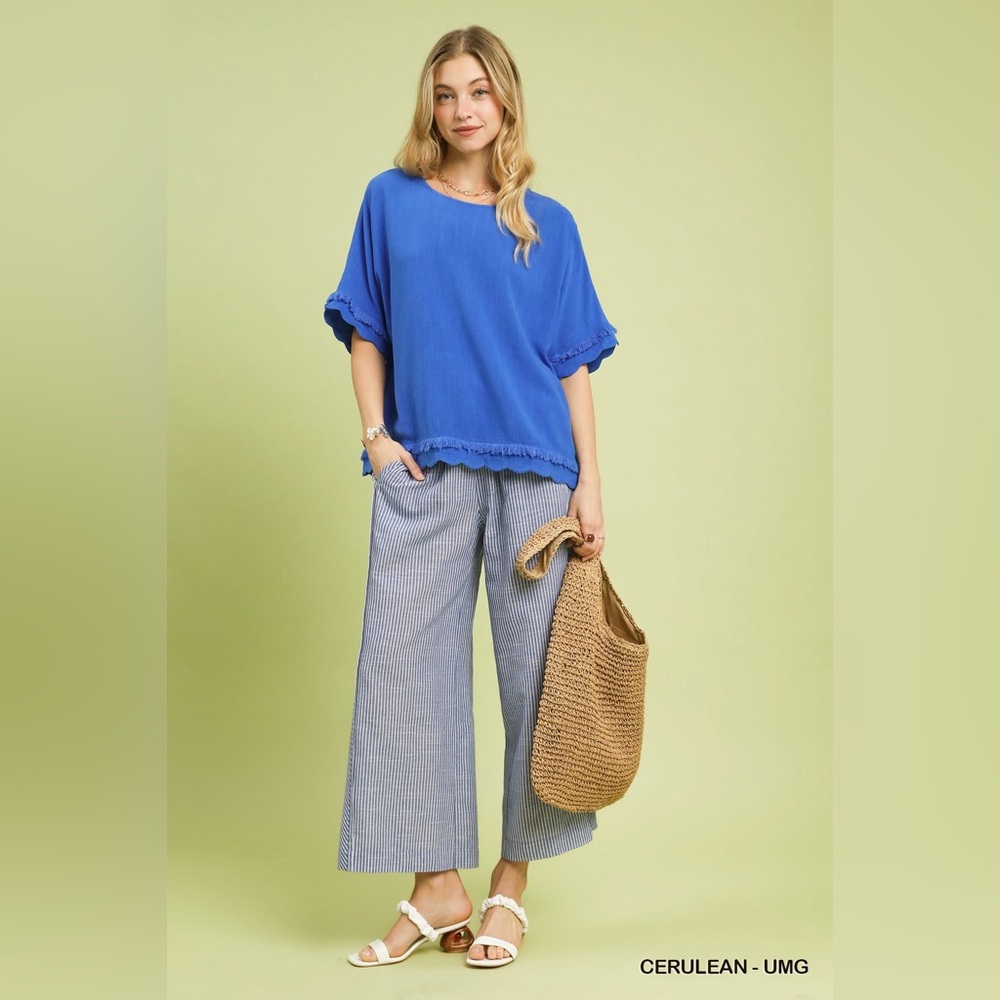 Umgee Blue Ruffle Sleeve Blouse